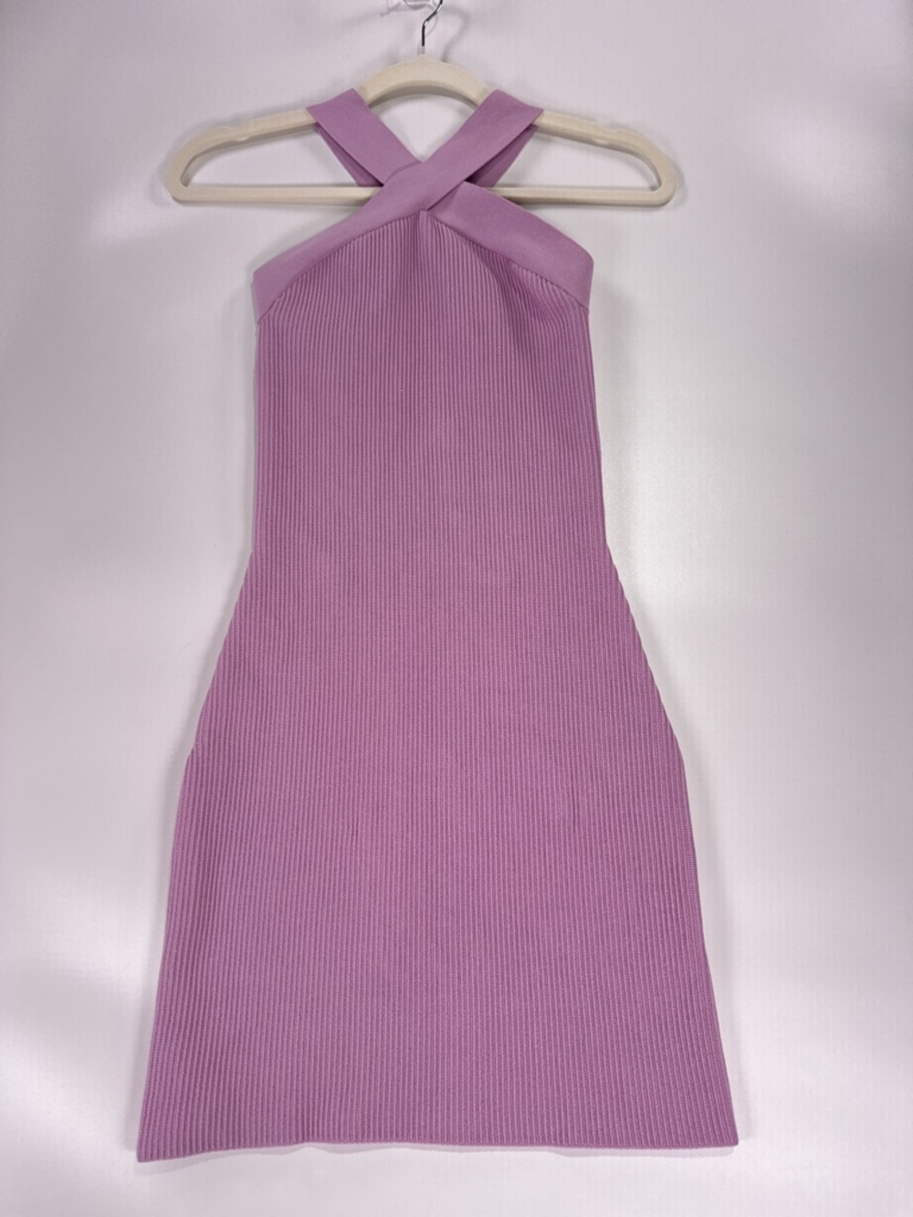 Aritzia Babaton Sculpt Knit Criss Cross Halter Mini Dress Lilac XS - Picture 2 of 10